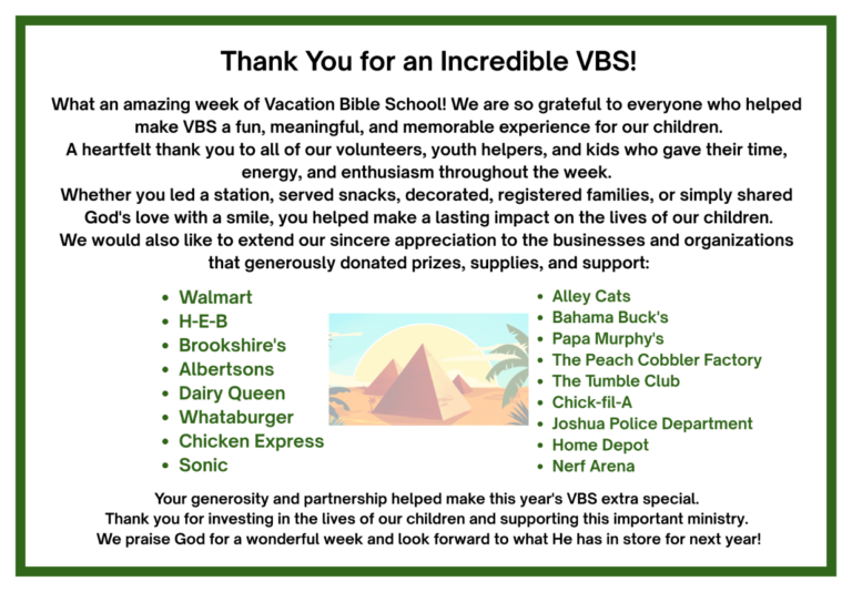Thank You for an Incredible VBS!